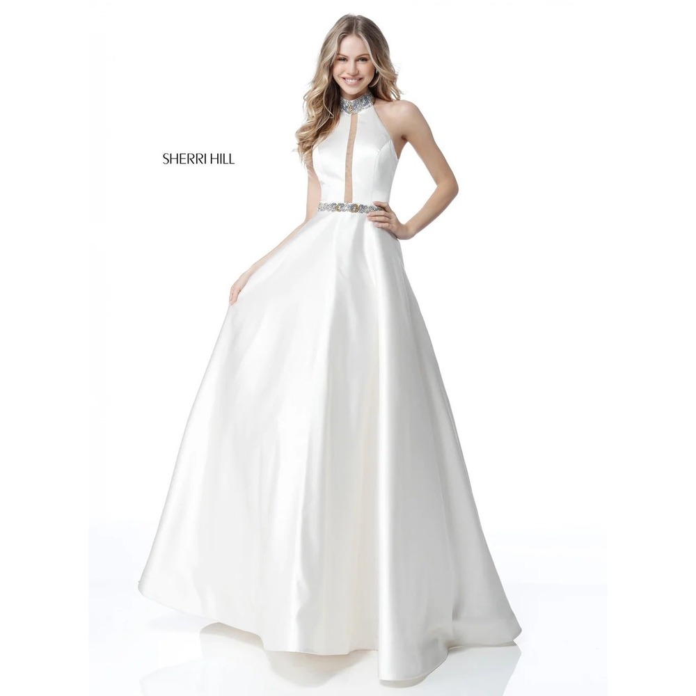 Sherri Hill 51589 Ivory Beaded Halter Ball Gown Pink Crystal Detail Size 4 NWT